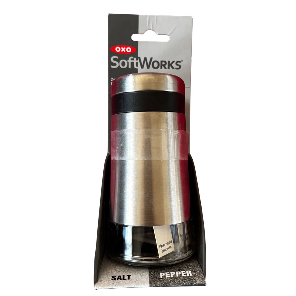 OXO SoftWorks 2-in-1 Salt & Pepper Shaker Silver Stainless Steel New